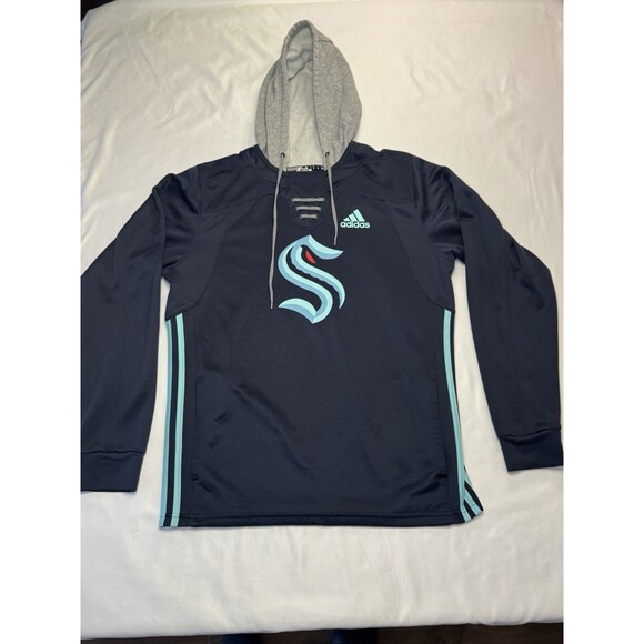 Adidas Seattle Kraken NHL Blue Hoodie Sweatshirt Lace Up Pullover Mens Medium - Picture 1 of 10